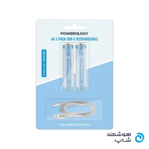 باتری قلمی شارژی پاورولوژی Powerology PWAA322 پک 2 عددی USB-C